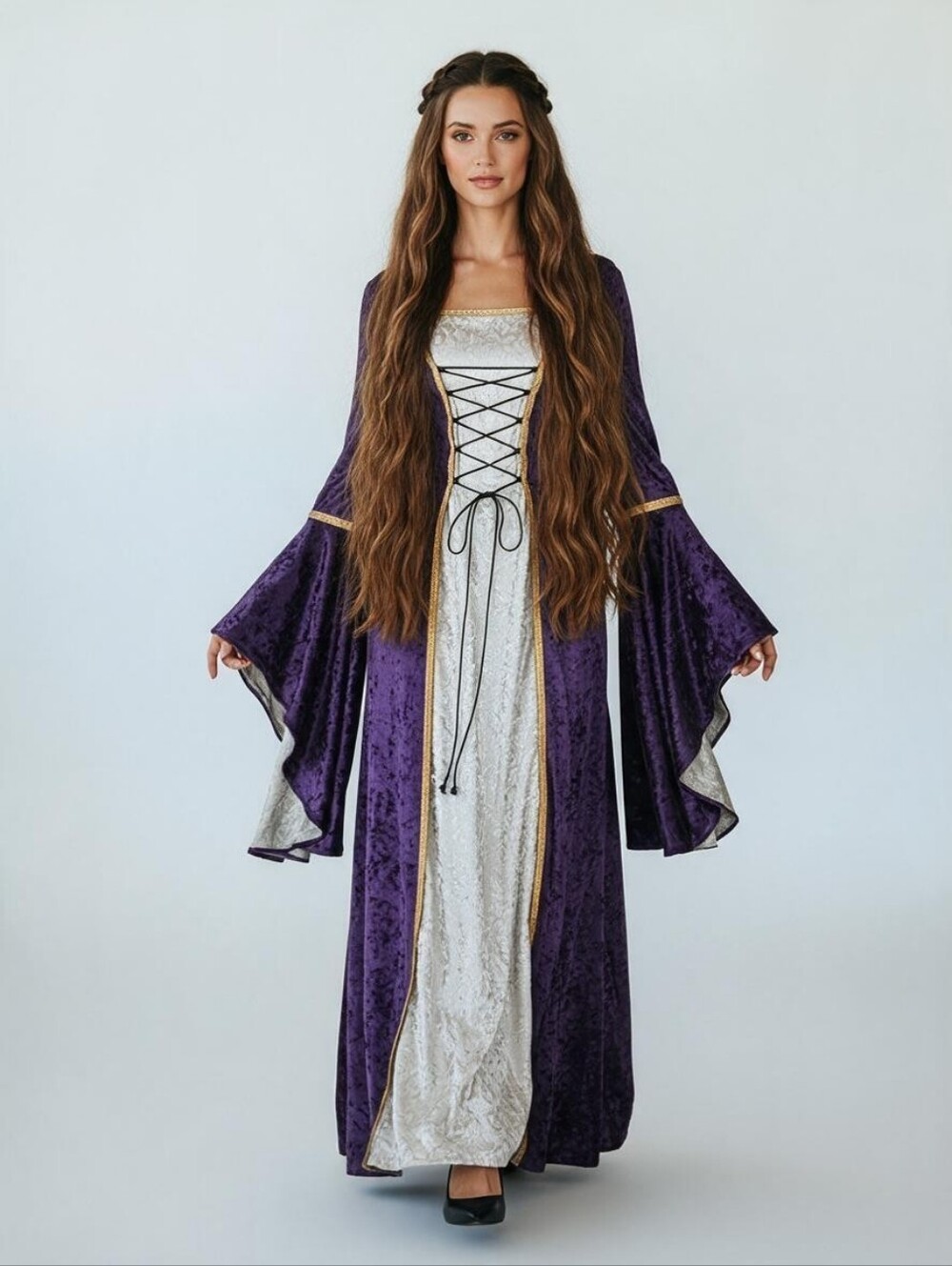 Medieval Renaissance Bell Sleeve Maxi Dress In Purple And Champagne Velvet XXXL